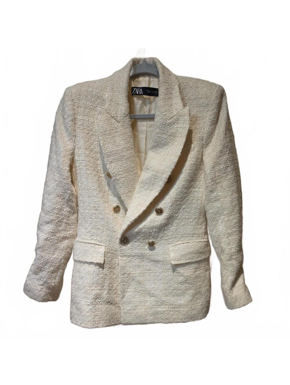 ZARA Cream Tweed Double Breasted Blazer Gold Button Jacket M Ivory Bouclé